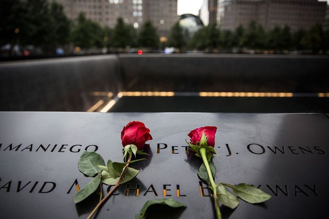 Flowers at the 9/11 Memorial on September 11, 2015
